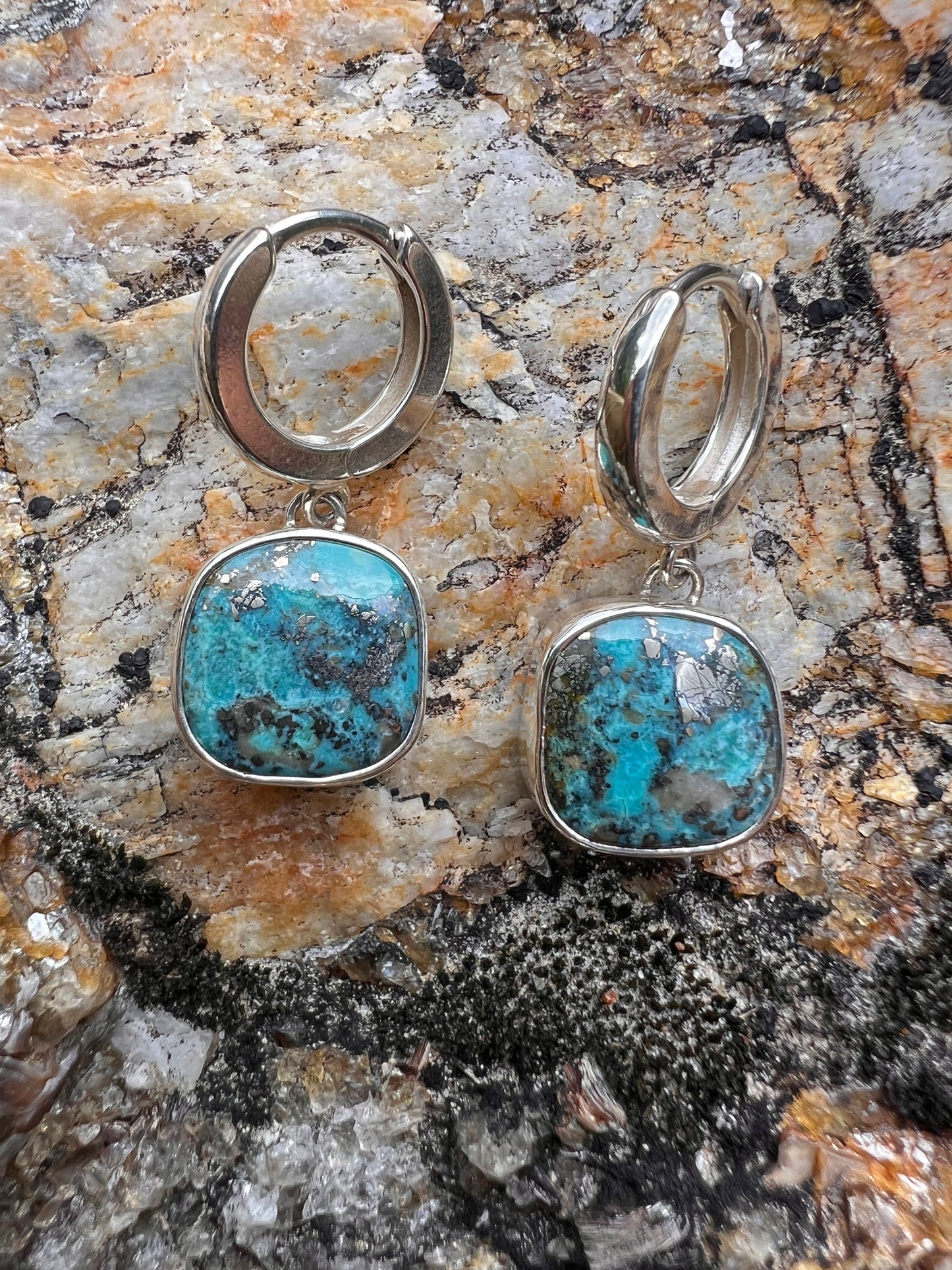 Turquoise with Pyrite Huggie Hoop Earrings