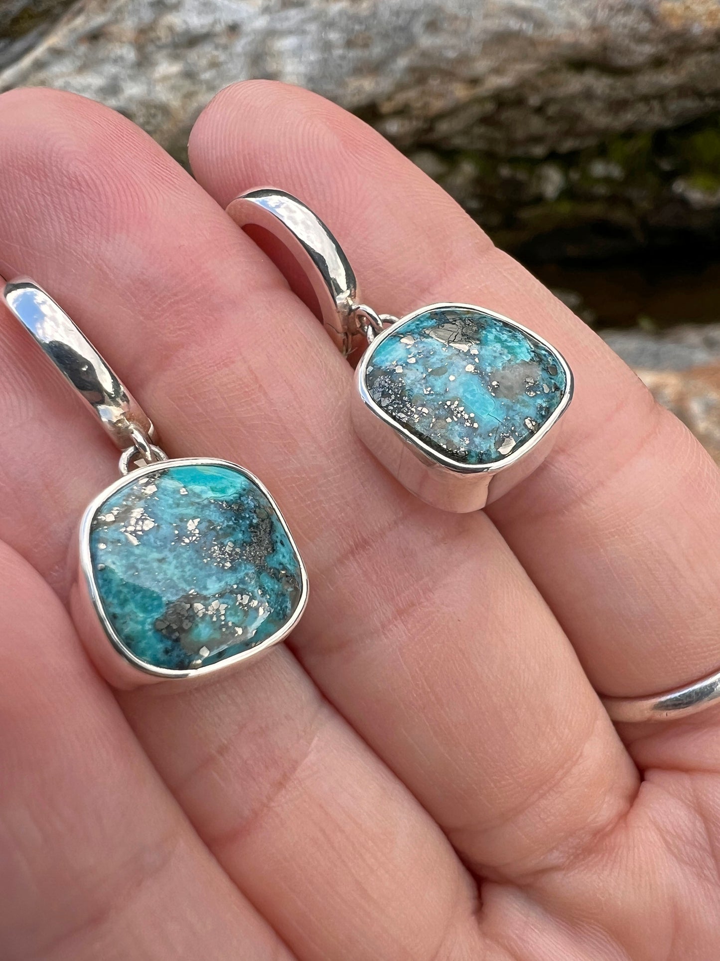 Turquoise with Pyrite Huggie Hoop Earrings