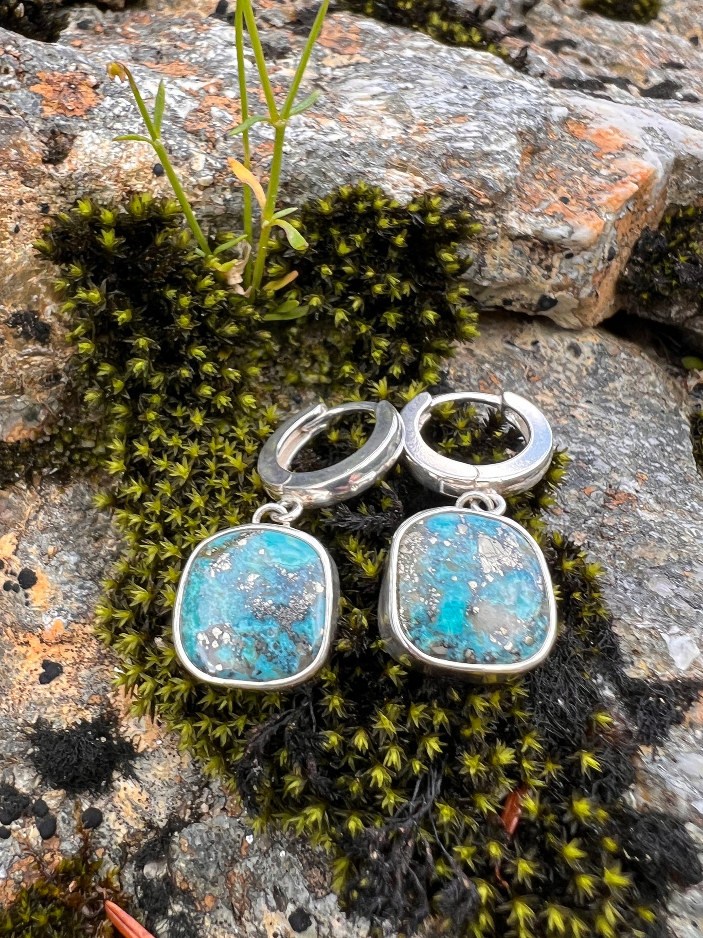 Turquoise with Pyrite Huggie Hoop Earrings