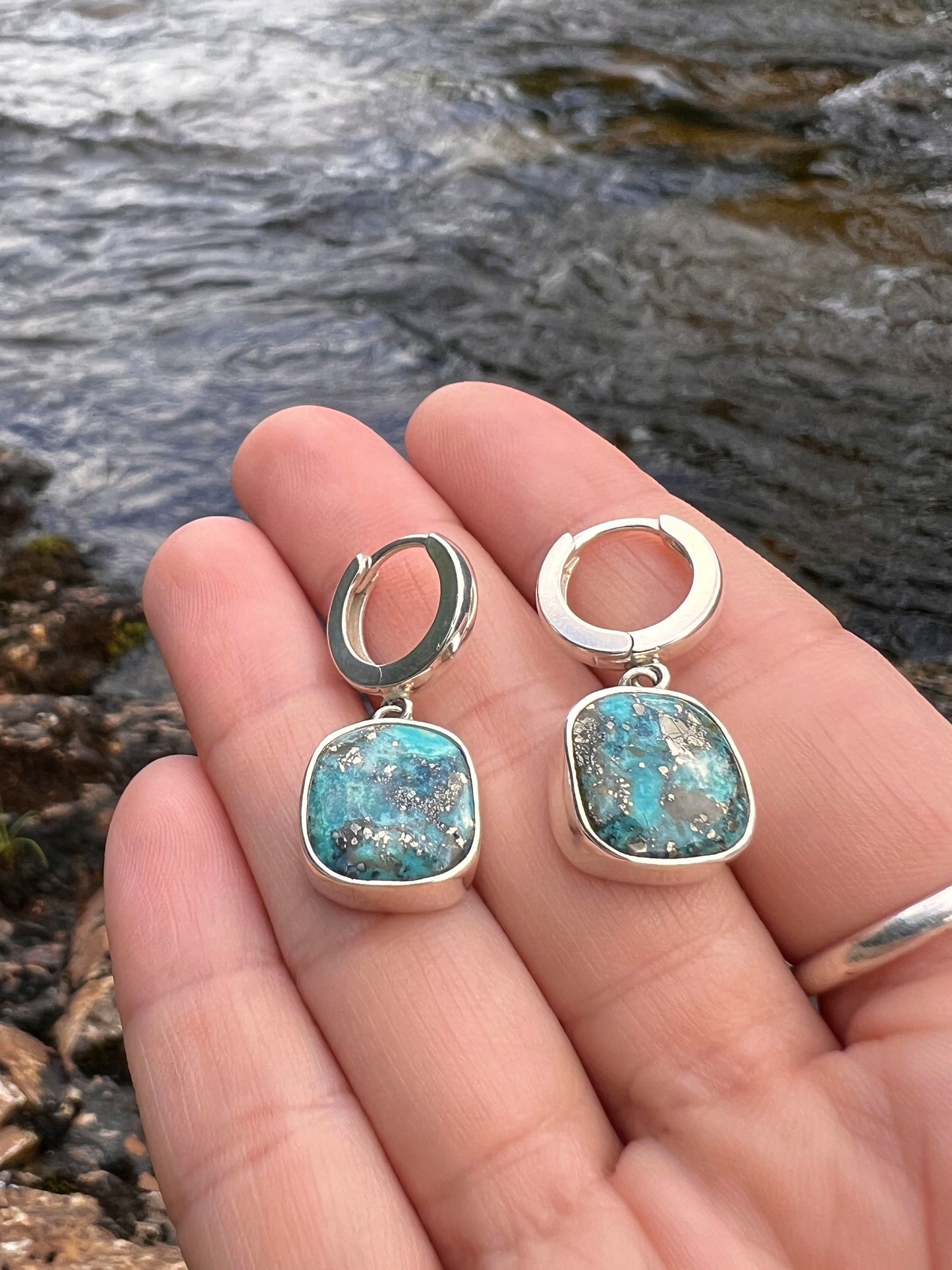 Turquoise with Pyrite Huggie Hoop Earrings