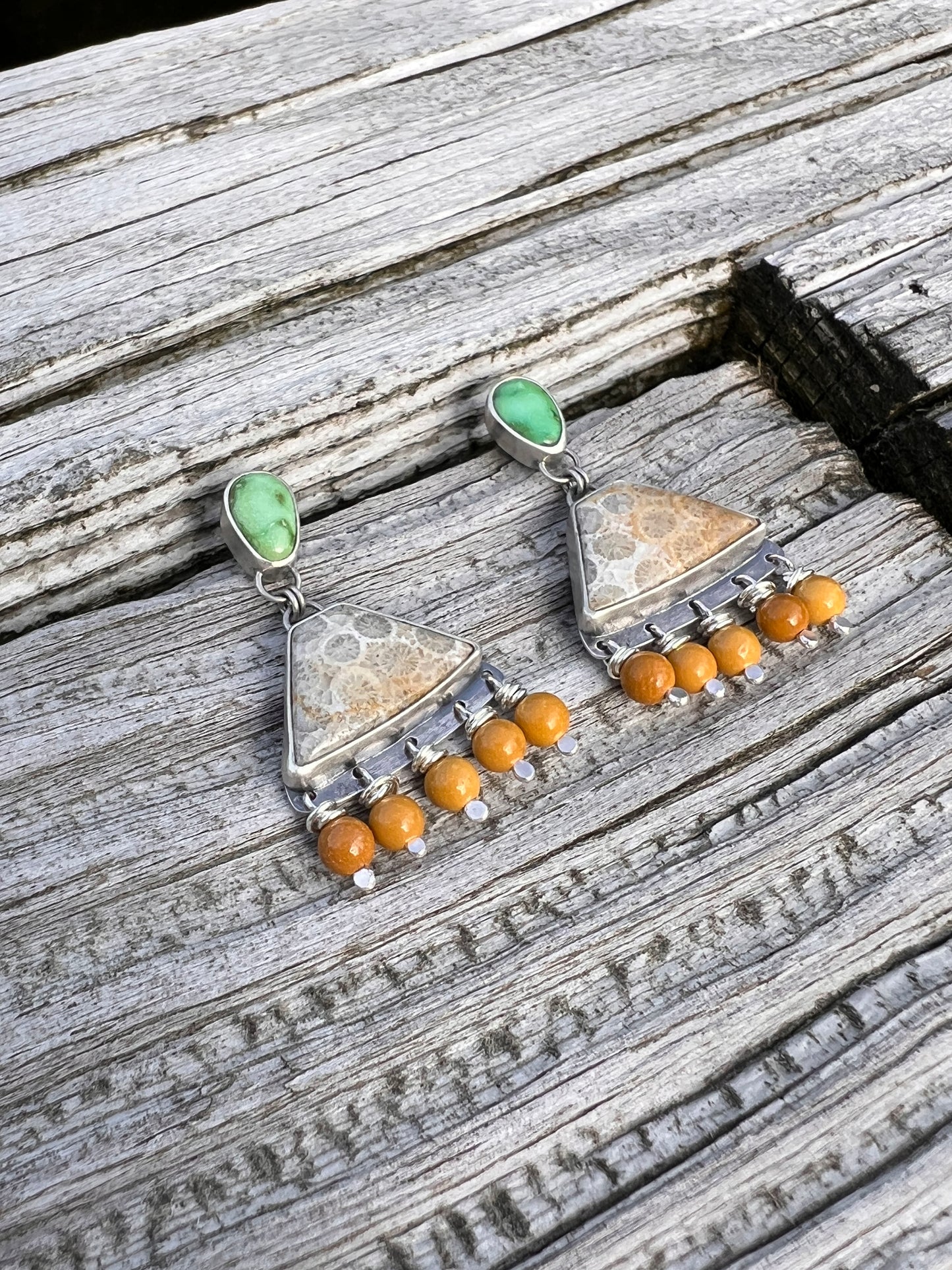 Sonoran Gold Turquoise - Fossilized Coral - Mookaite Post Earrings