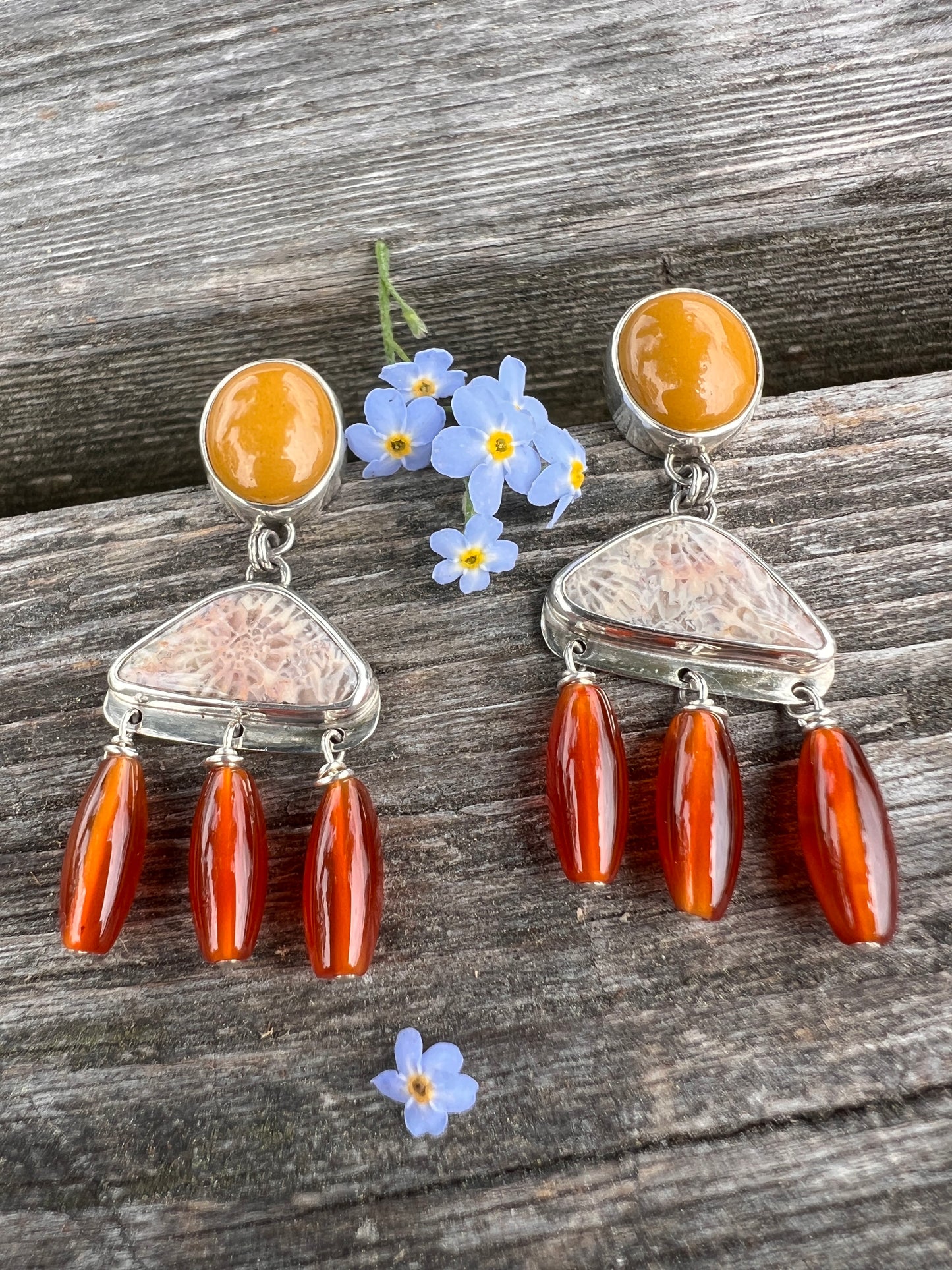 Mookaite - Fossilized Coral - Carnelian Post Earrings