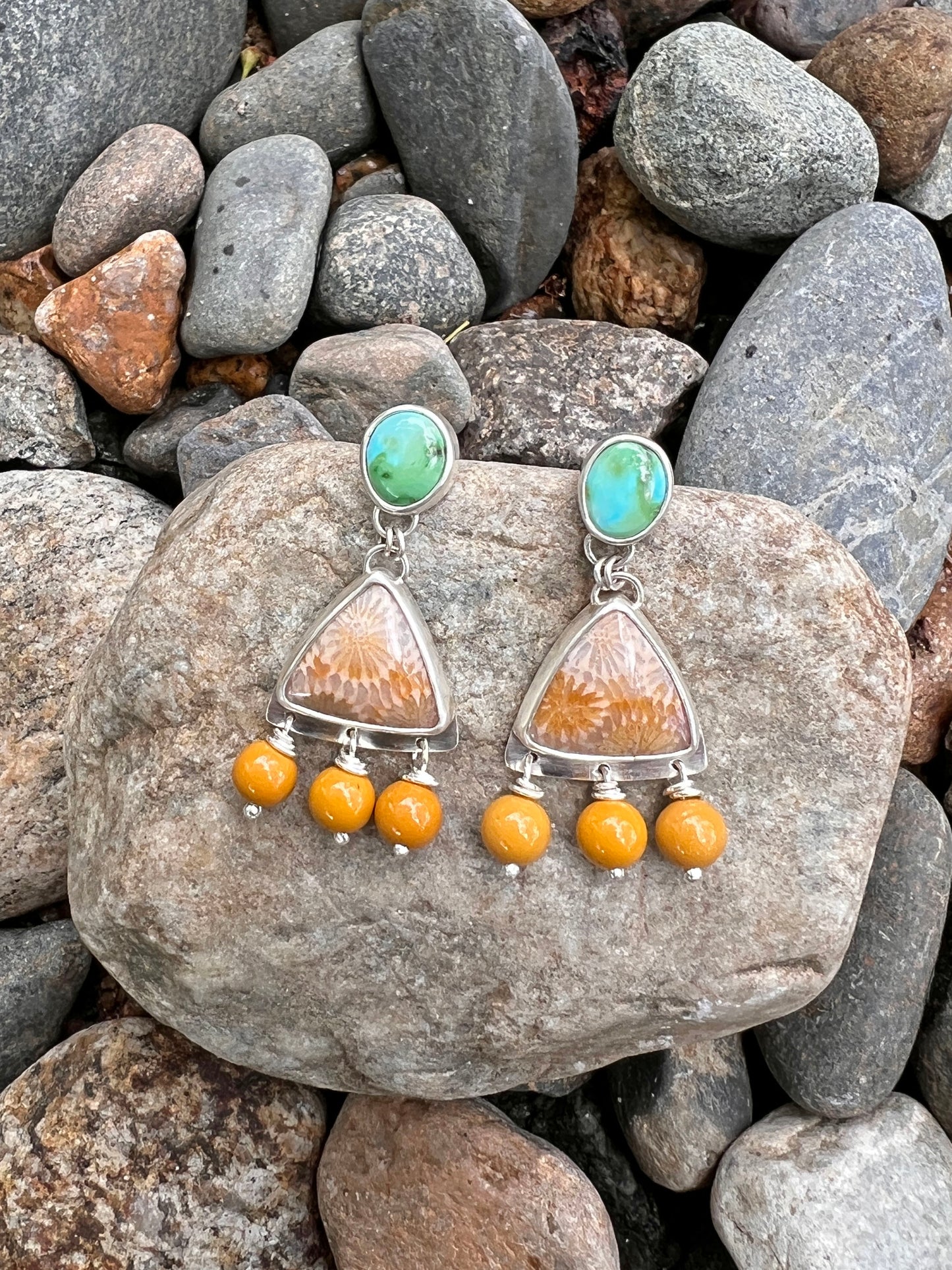 Sonoran Gold Turquoise - Fossilized Coral - Mookaite Post Earrings
