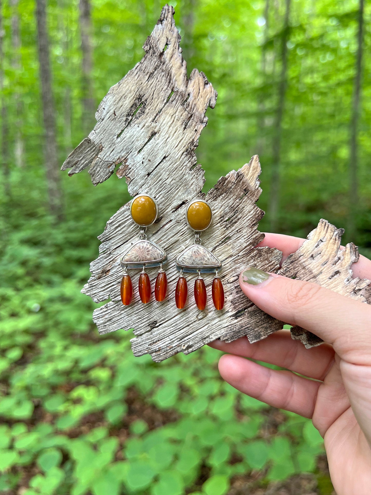 Mookaite - Fossilized Coral - Carnelian Post Earrings
