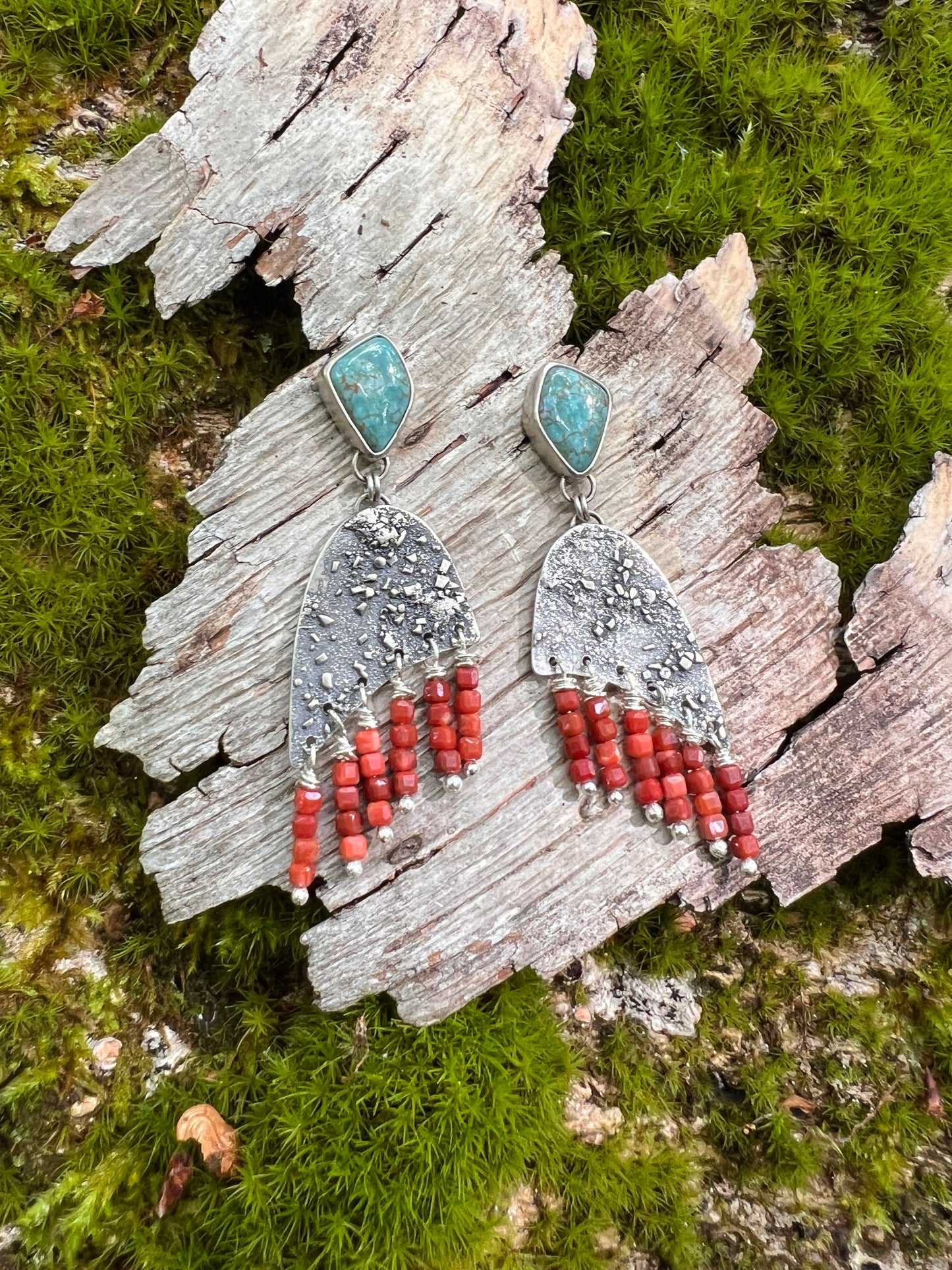 Silver Dust Caricao Lake Turquoise with Red Agate Earrings
