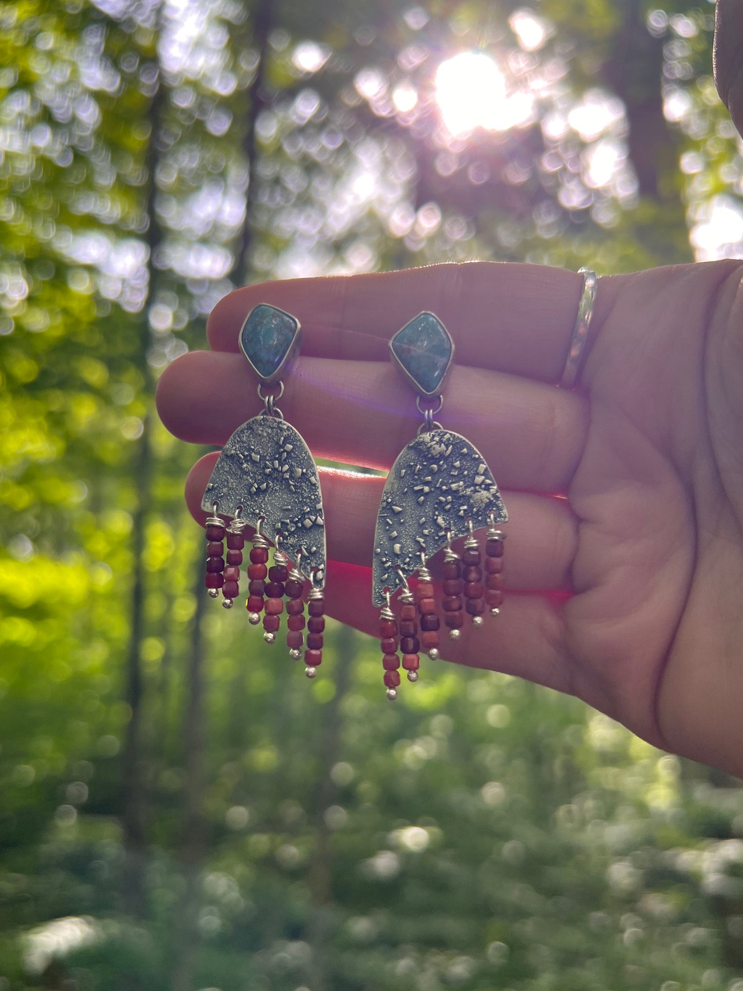 Silver Dust Caricao Lake Turquoise with Red Agate Earrings