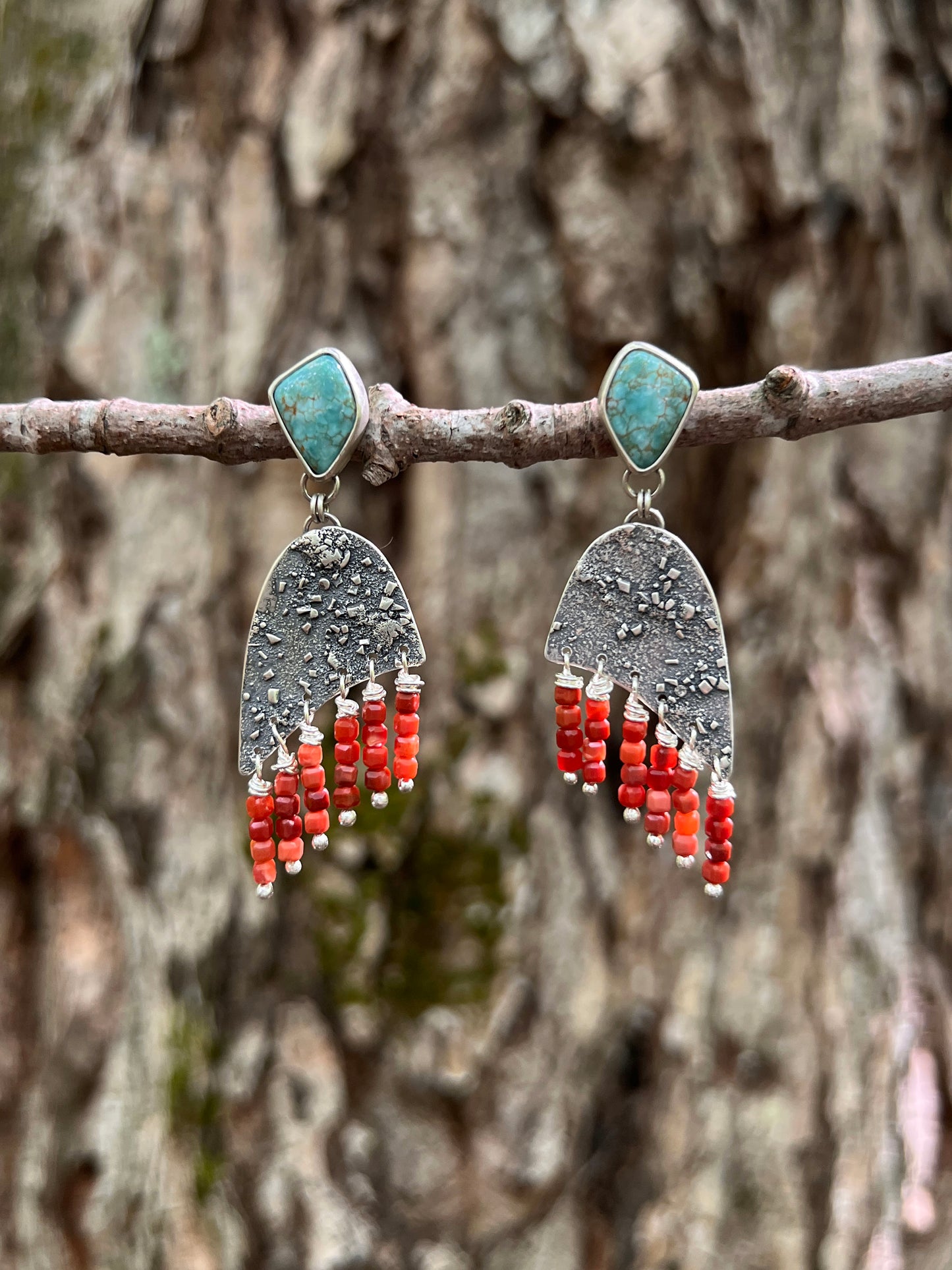 Silver Dust Caricao Lake Turquoise with Red Agate Earrings