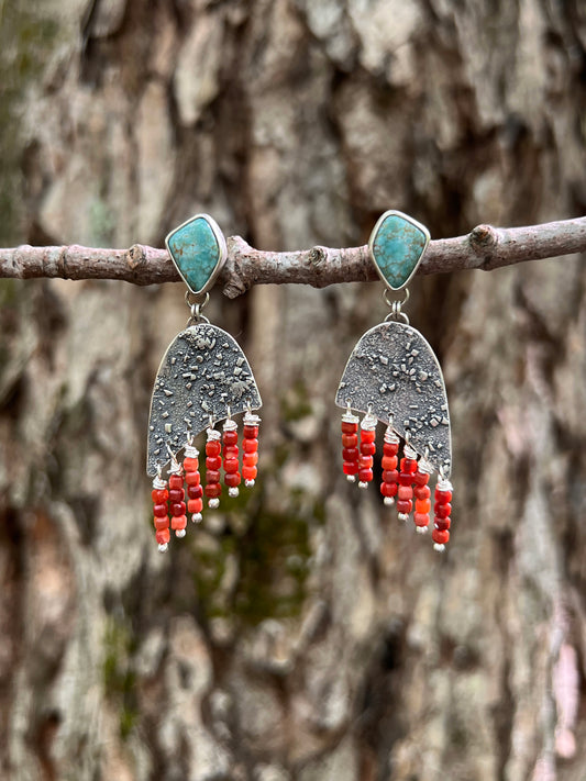 Silver Dust Caricao Lake Turquoise with Red Agate Earrings