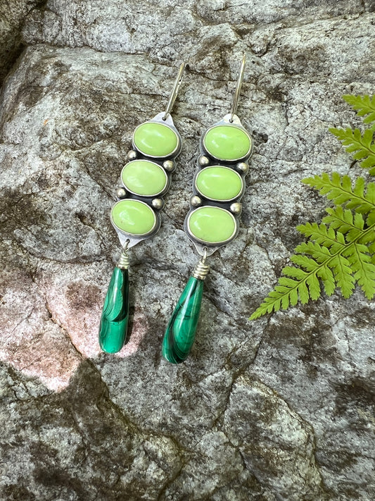 Lemon Chrysoprase and Malachite Earrings