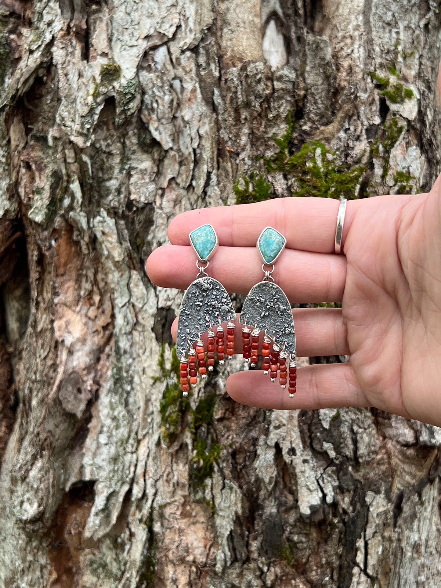 Silver Dust Caricao Lake Turquoise with Red Agate Earrings