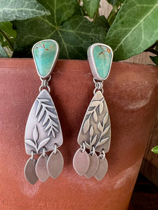 Kingman Turquoise Botanical Collage Earrings with Fringe