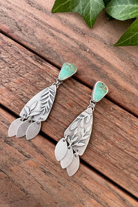 Kingman Turquoise Botanical Collage Earrings with Fringe