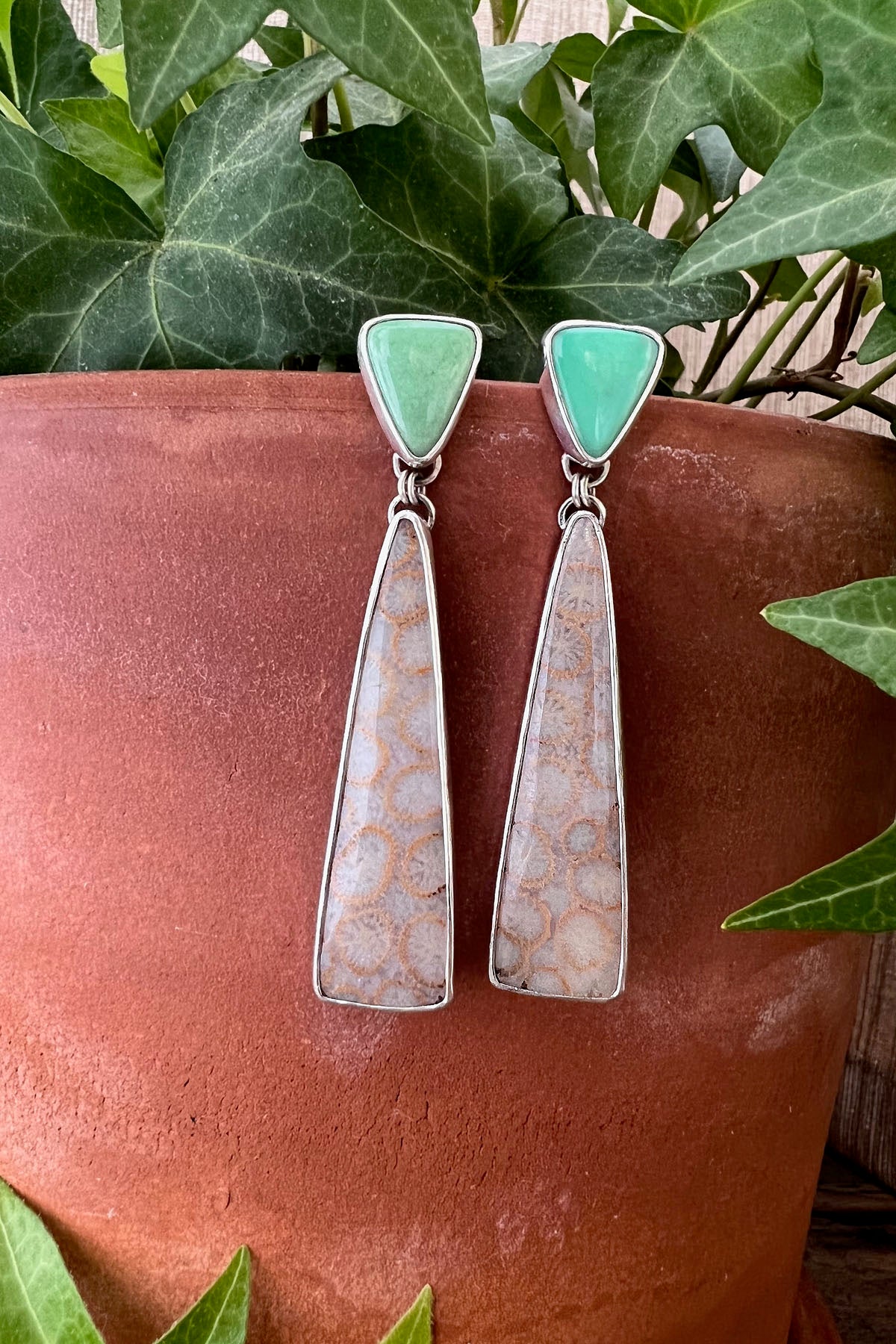 Variscite and Fossilized Coral Earrings