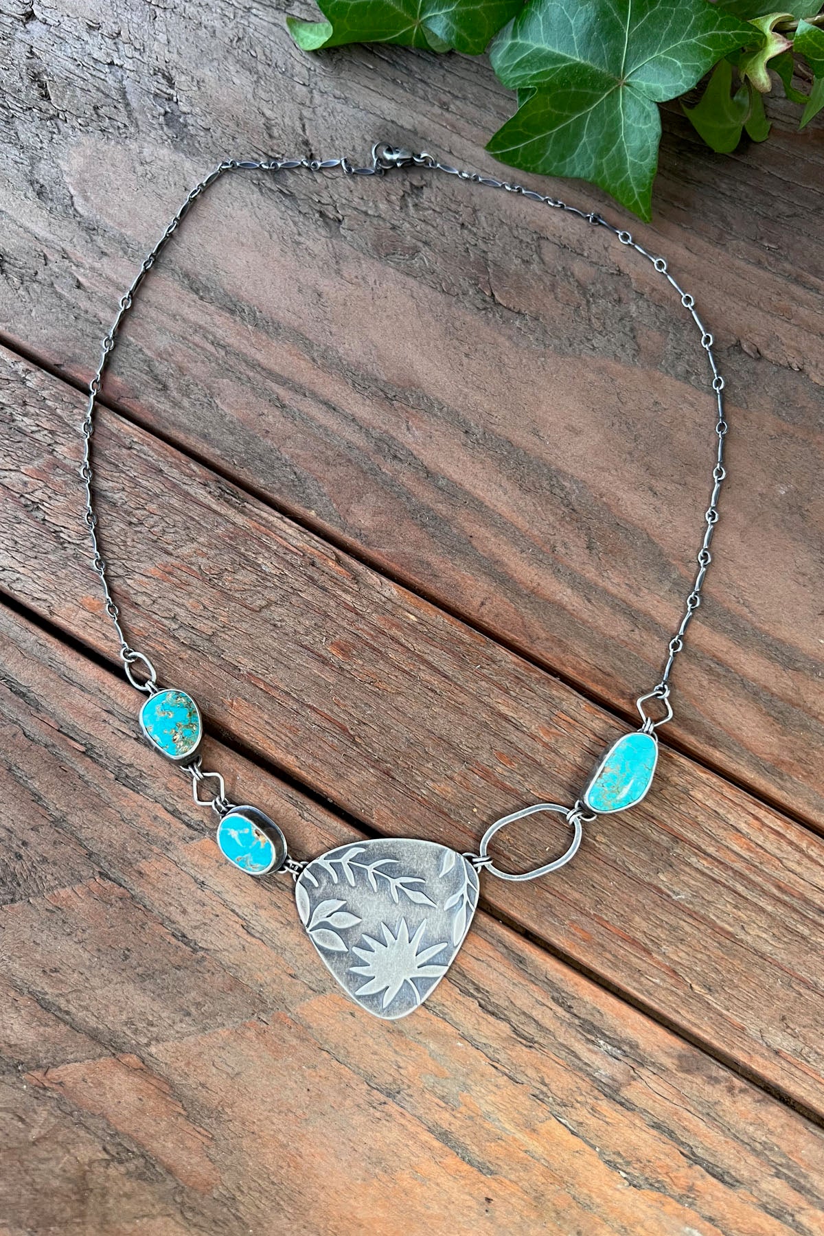 Asymmetrical Turquoise Botanical Collage Necklace