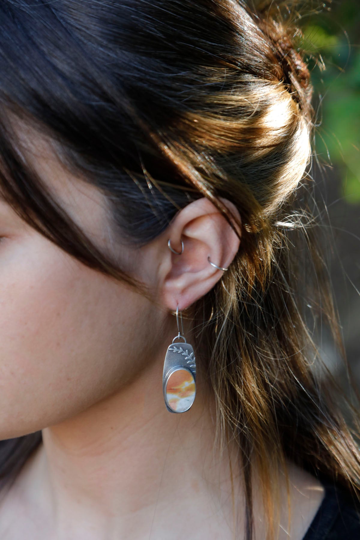 Asymmetrical Mookaite Jasper Botanical Earrings